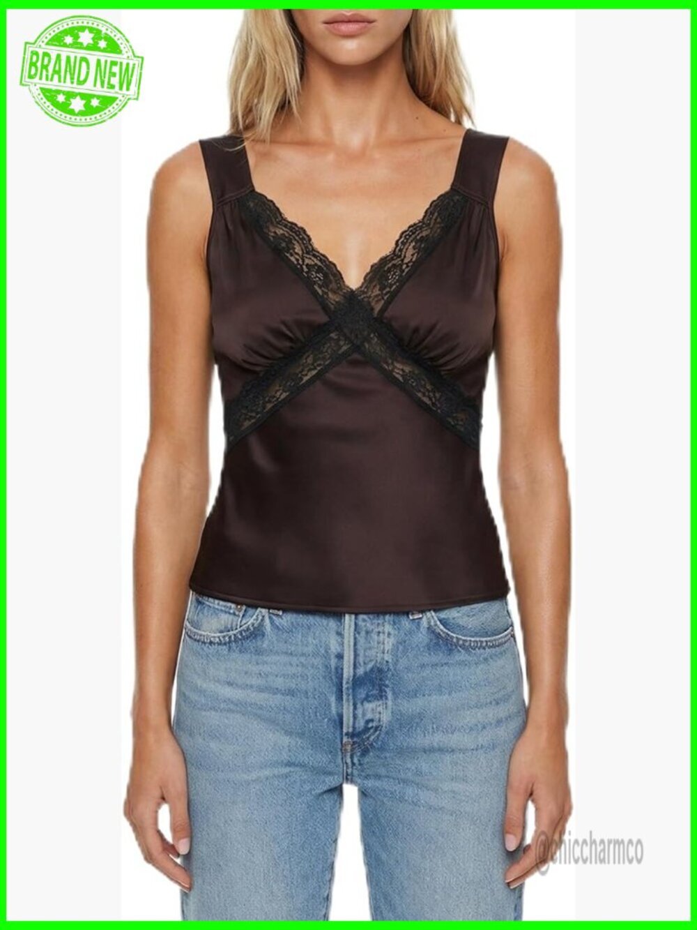 Satin Lace Trim Camisole Top, Sleeveless V Neck Fitted Cami